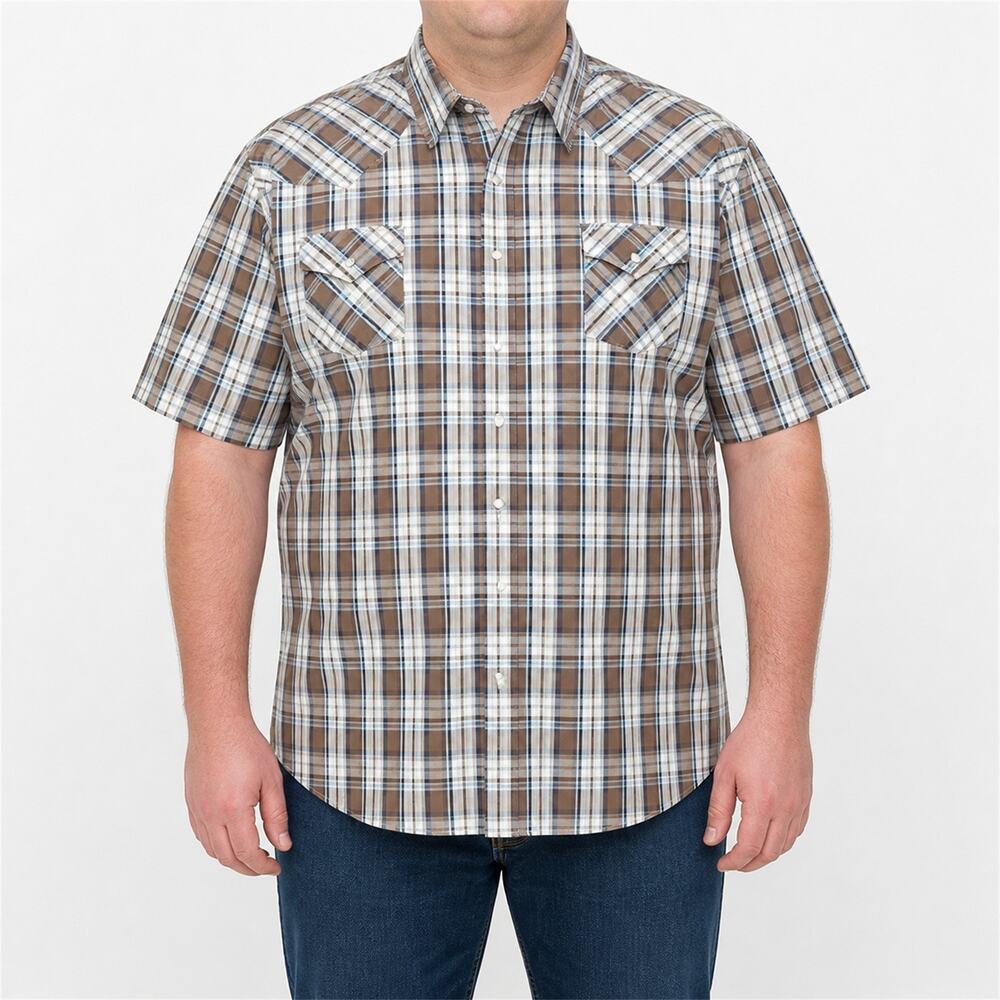 Plains Western Wear Shirt 3X Big Man Brown White Plaid Short Sleeve Pearl Snap